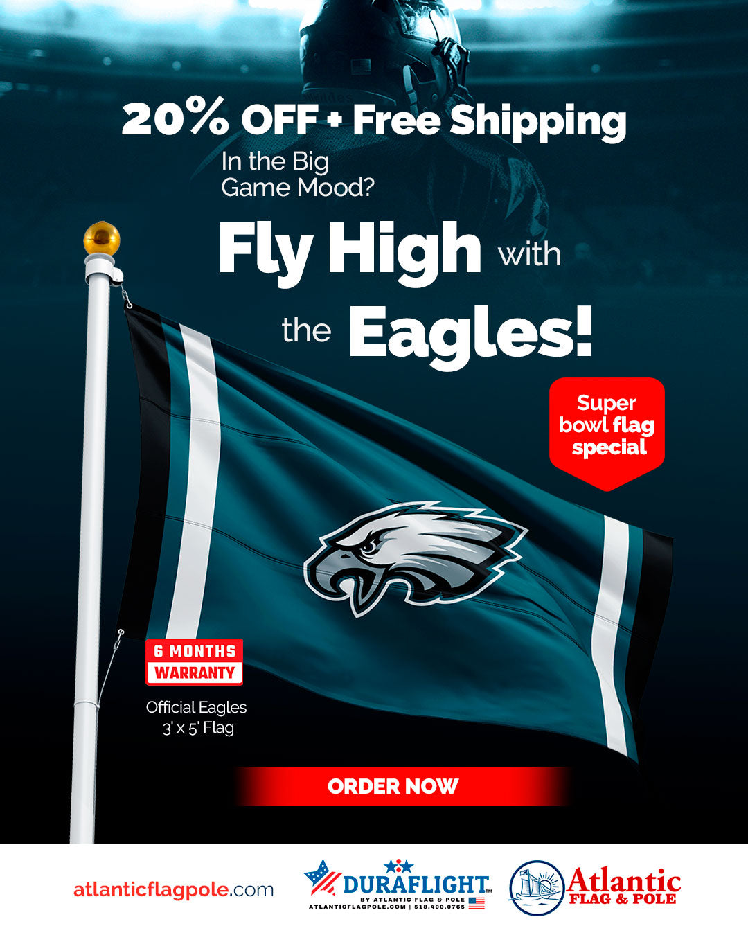 Philadelphia Eagles flag with vibrant team colors and logo, made by Atlantic Flag & Pole Inc.