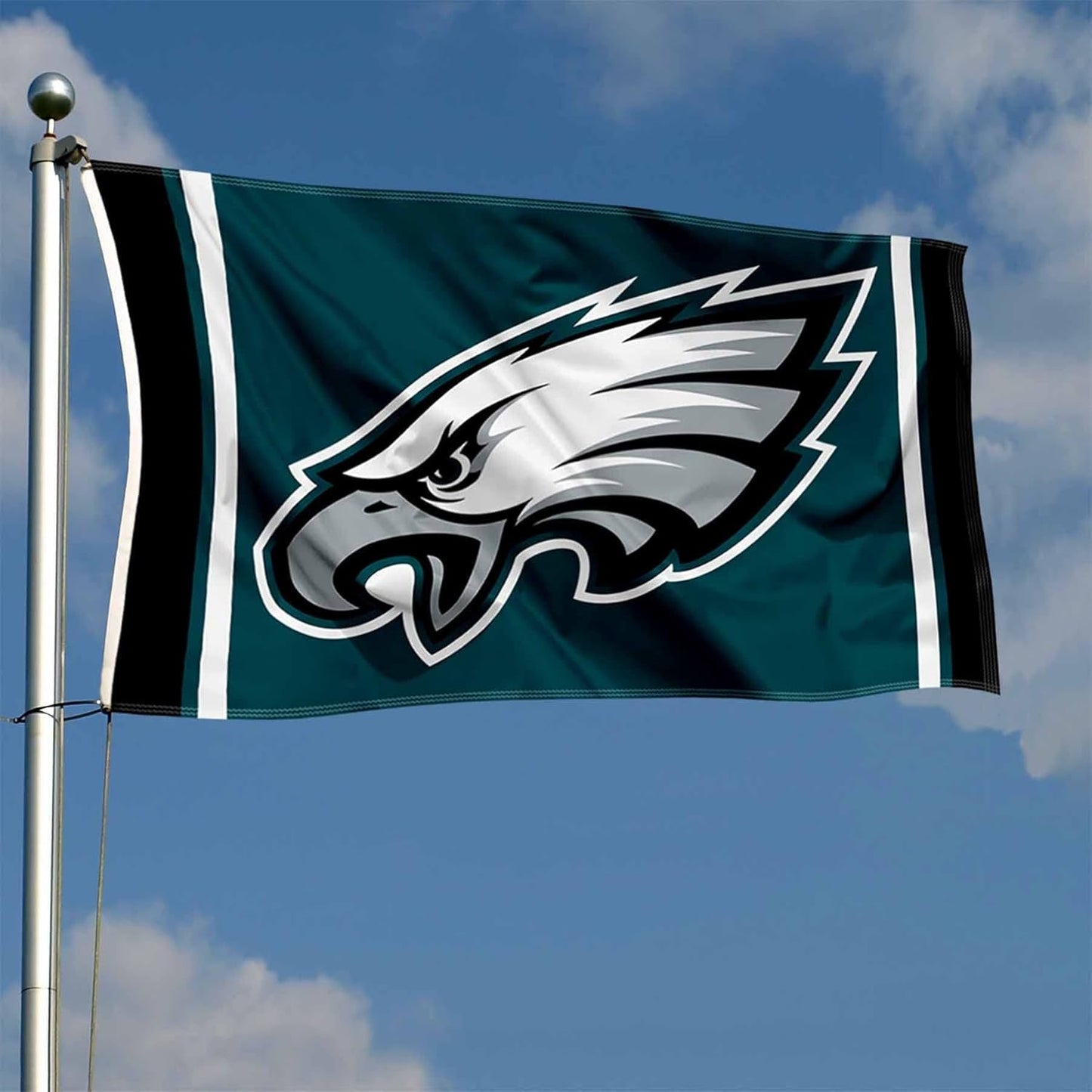 Philadelphia Eagles flag by Atlantic Flag & Pole Inc., vibrant green and white, featuring team logo.