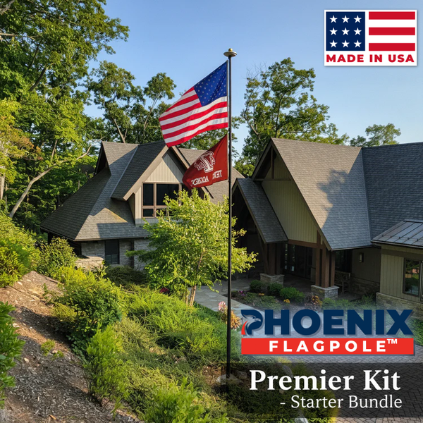 15-foot silver telescoping flagpole with 3x5 and 4x6 USA flags, by Atlantic Flag and Pole Inc.