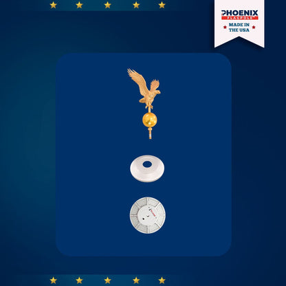 Gold eagle flagpole topper with white solar light and silver flash collar from Atlantic Flagpole.