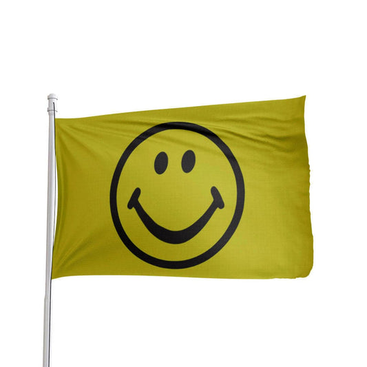 Bright yellow smiley face 3x5 flag by Atlantic Flag & Pole Inc., perfect for festive occasions.