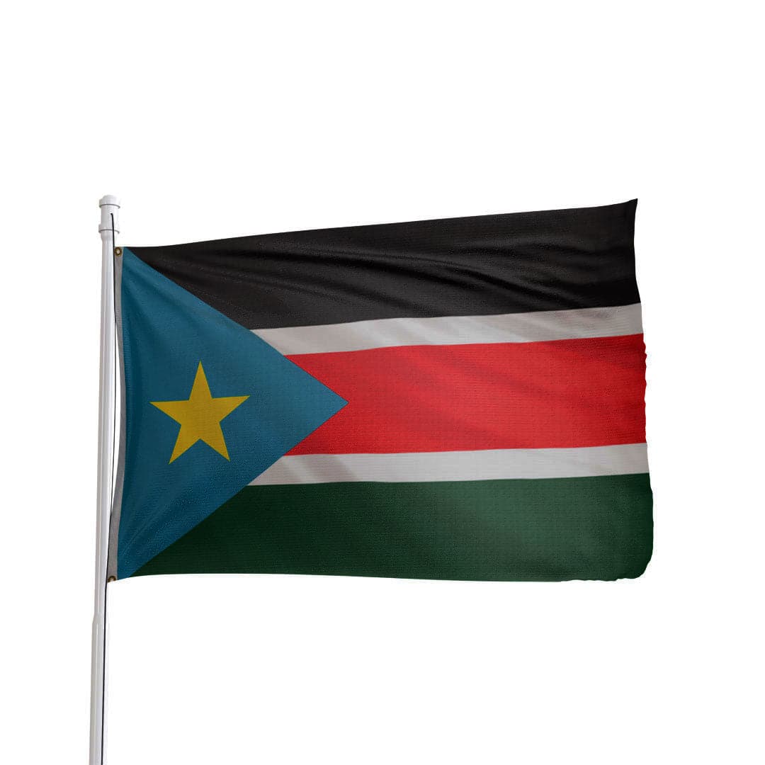 South Sudan flag featuring black, red, yellow, green, and blue colors; by Atlantic Flag & Pole Inc.