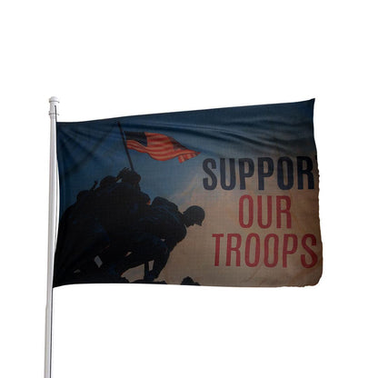 3x5 Support Our Troops flag featuring soldiers planting the American flag, made by Flag Source, ideal for holidays.