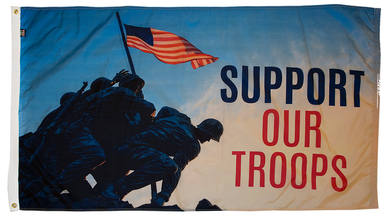 Support our troops flag with soldiers front