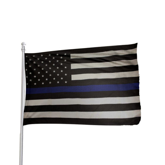 Thin Blue Line American Flag by Atlantic Flag & Pole Inc., featuring blue stripe on black and white background.