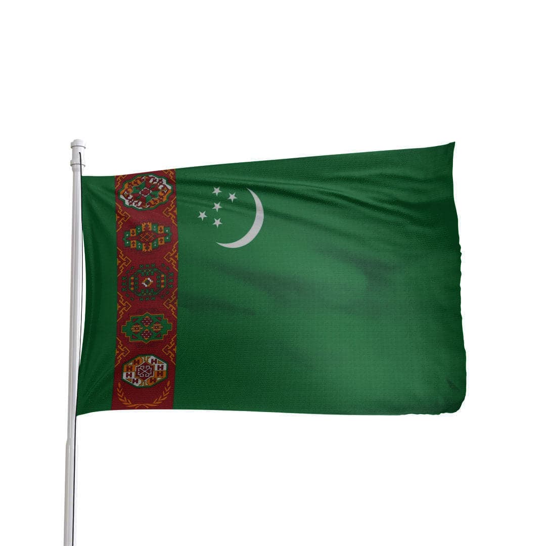 Turkmenistan flag featuring green, red, and white colors with traditional patterns, by Atlantic Flag & Pole Inc.