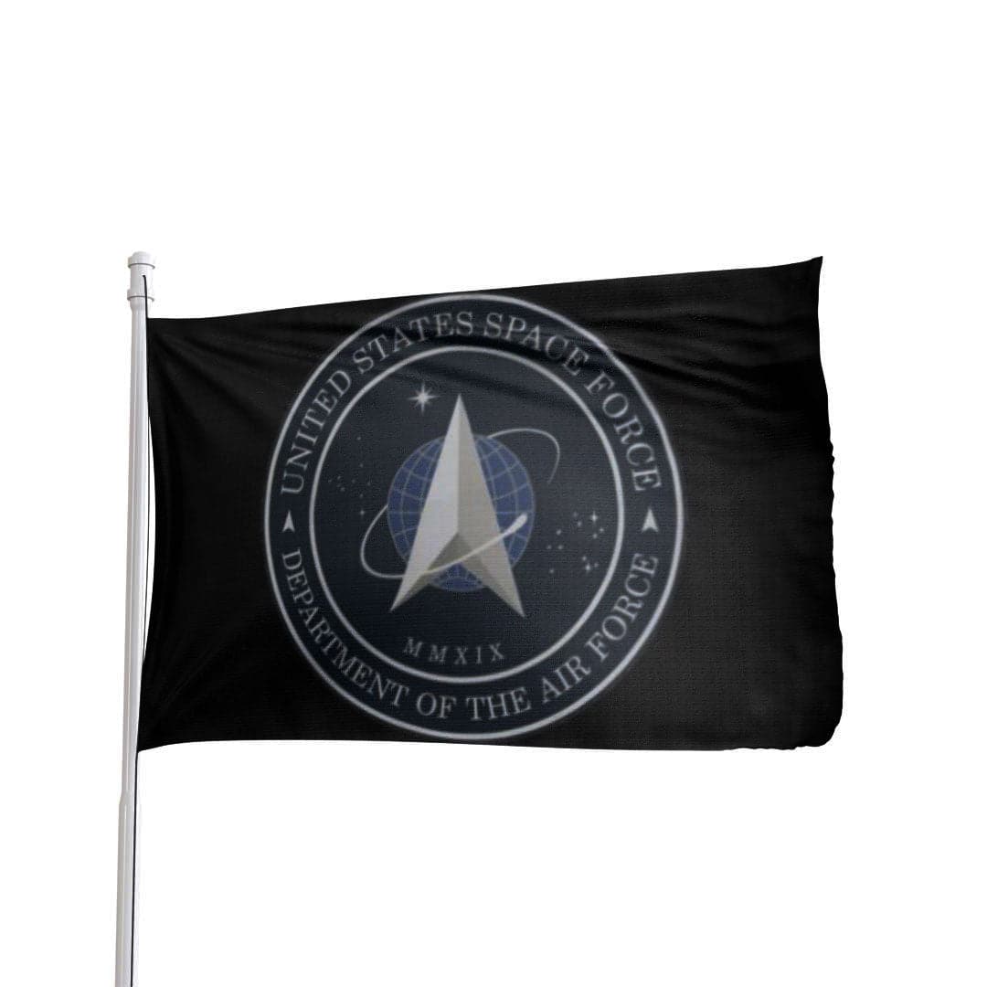 Duraflight Space Force flag in blue and white, featuring the official insignia by Atlantic Flag & Pole Inc.