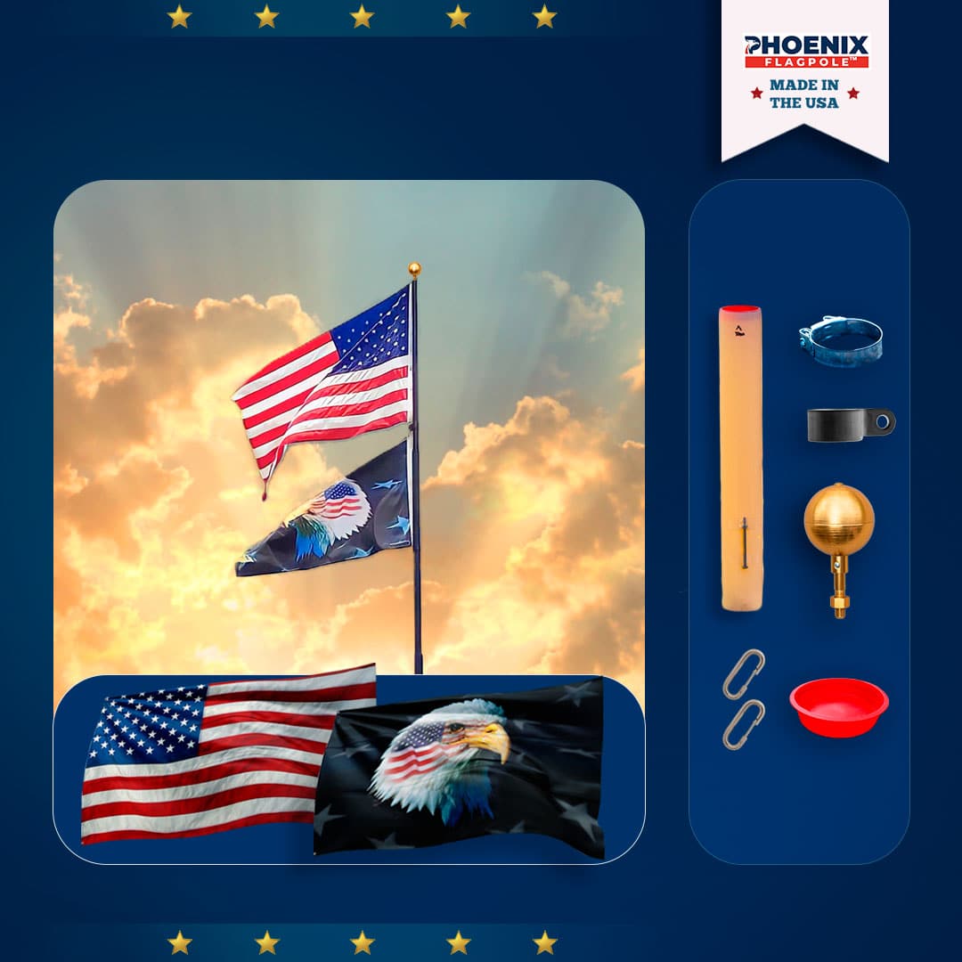20' black bronze flagpole kit with gold ball ornament and eagle flag from Atlantic Flagpole.