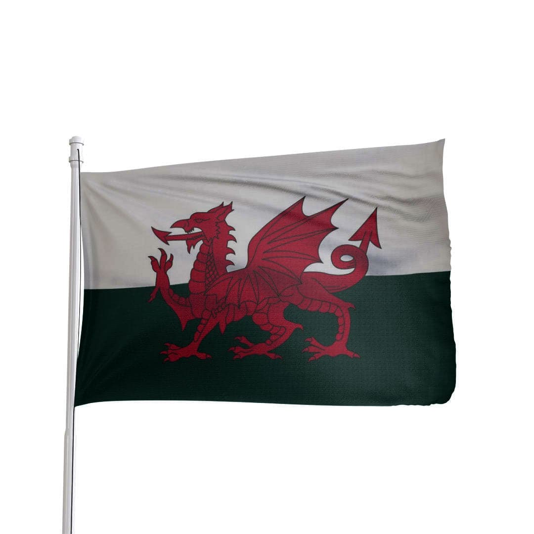 Wales flag featuring vibrant red dragon design, made of durable fabric by Atlantic Flag & Pole Inc.