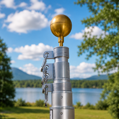 Metal and gold weather vane against a scenic background with trees and water.