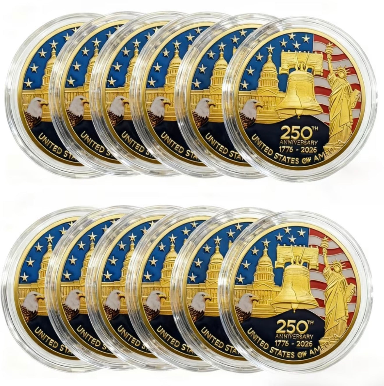Multiple America 250 Challenge Coins in protective capsules, great for gifting