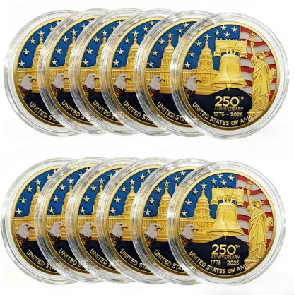 Multiple America 250 Challenge Coins in protective capsules, great for gifting