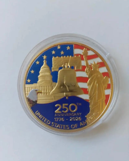 America 250 Challenge Coin in a clear protective display capsule