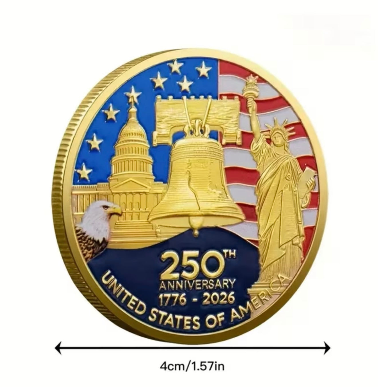 America 250 Challenge Coin shown with ruler, approximately 4 cm / 1.57 inches