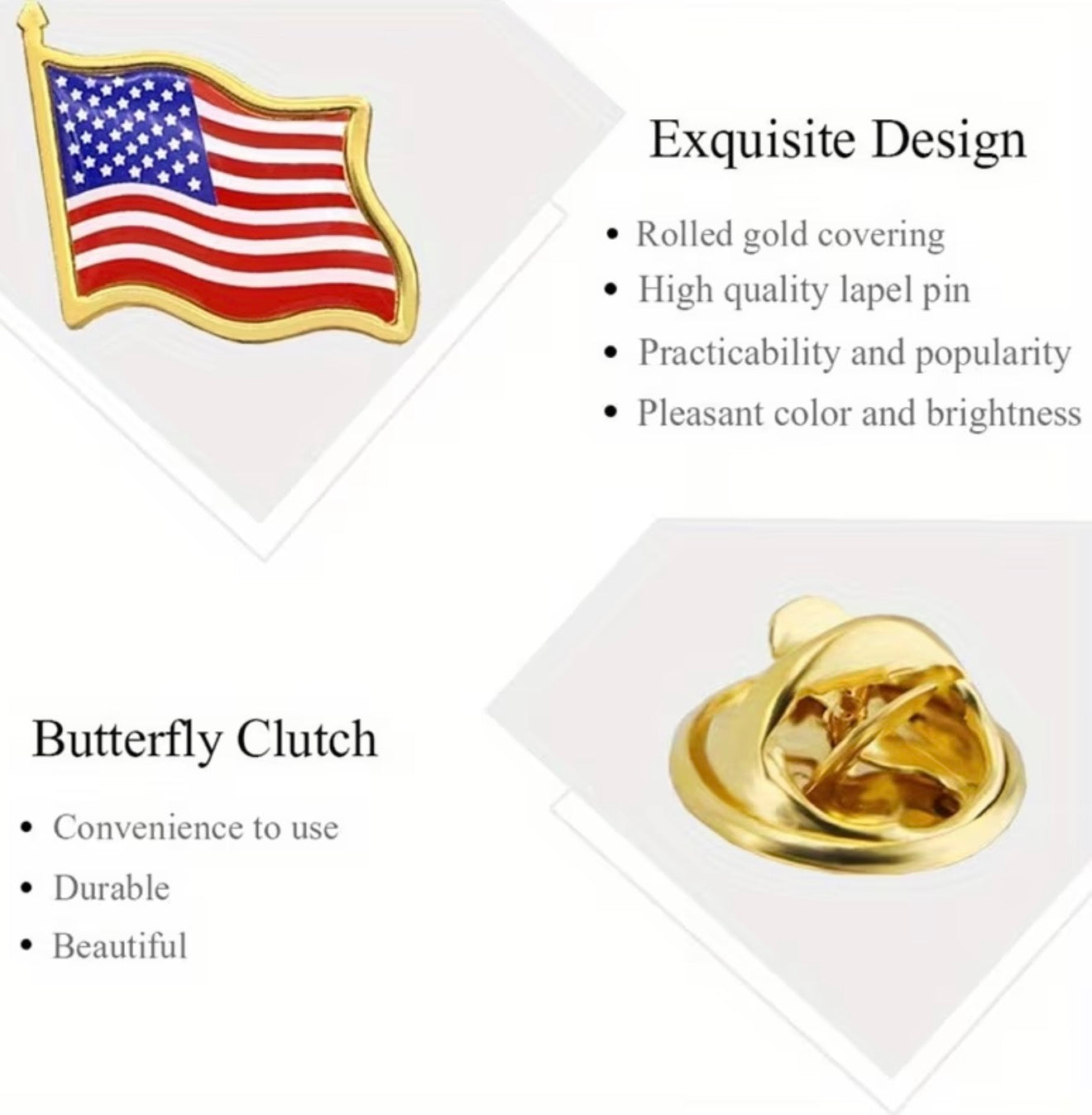 American Flag Lapel Pin - gold enamel USA flag pin detail