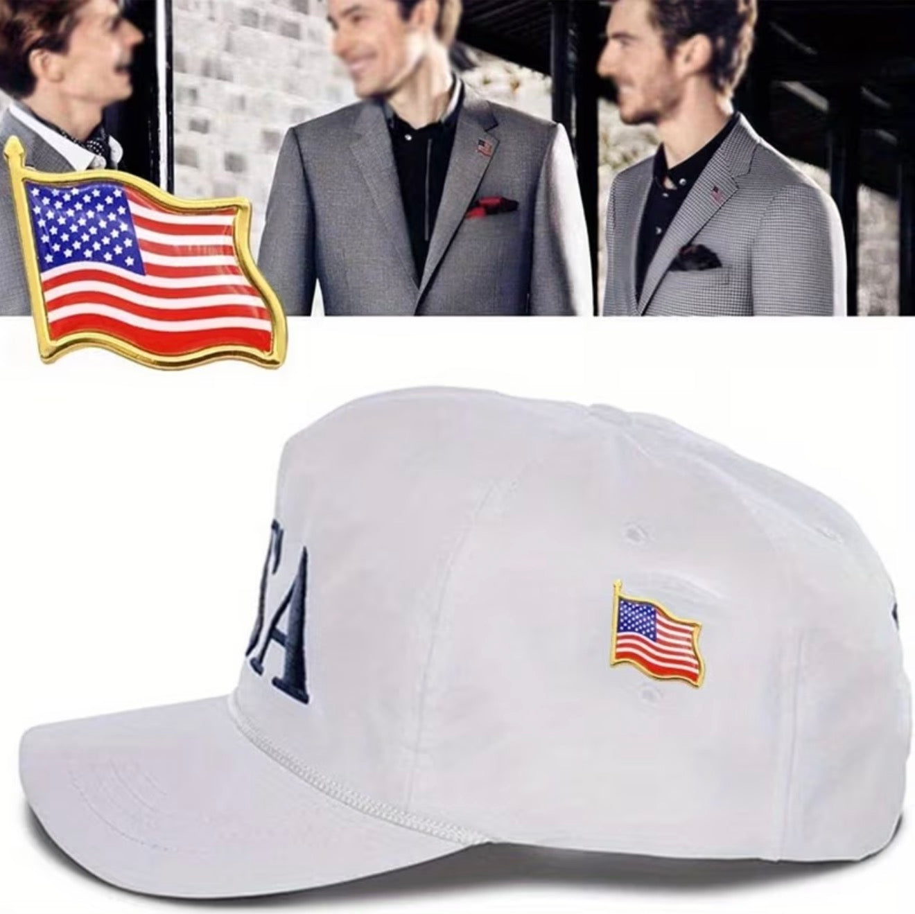 American Flag Lapel Pin worn on a hat and suit lapel - patriotic style