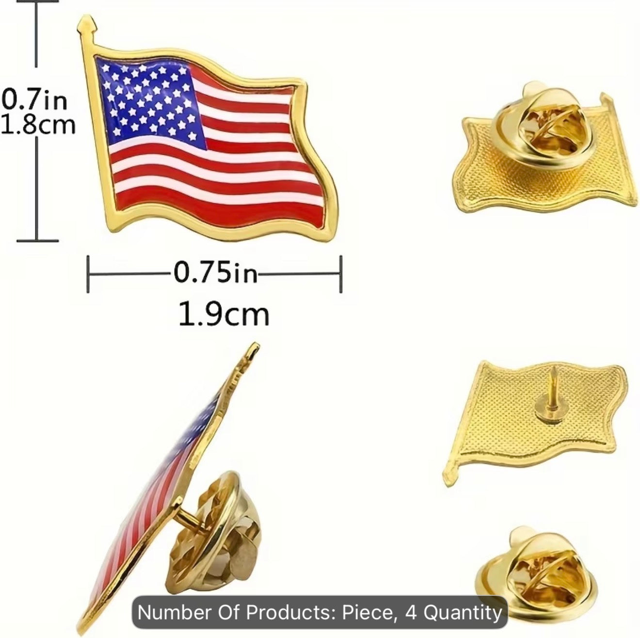 American Flag Lapel Pin - dimensions spec, front, back and side views
