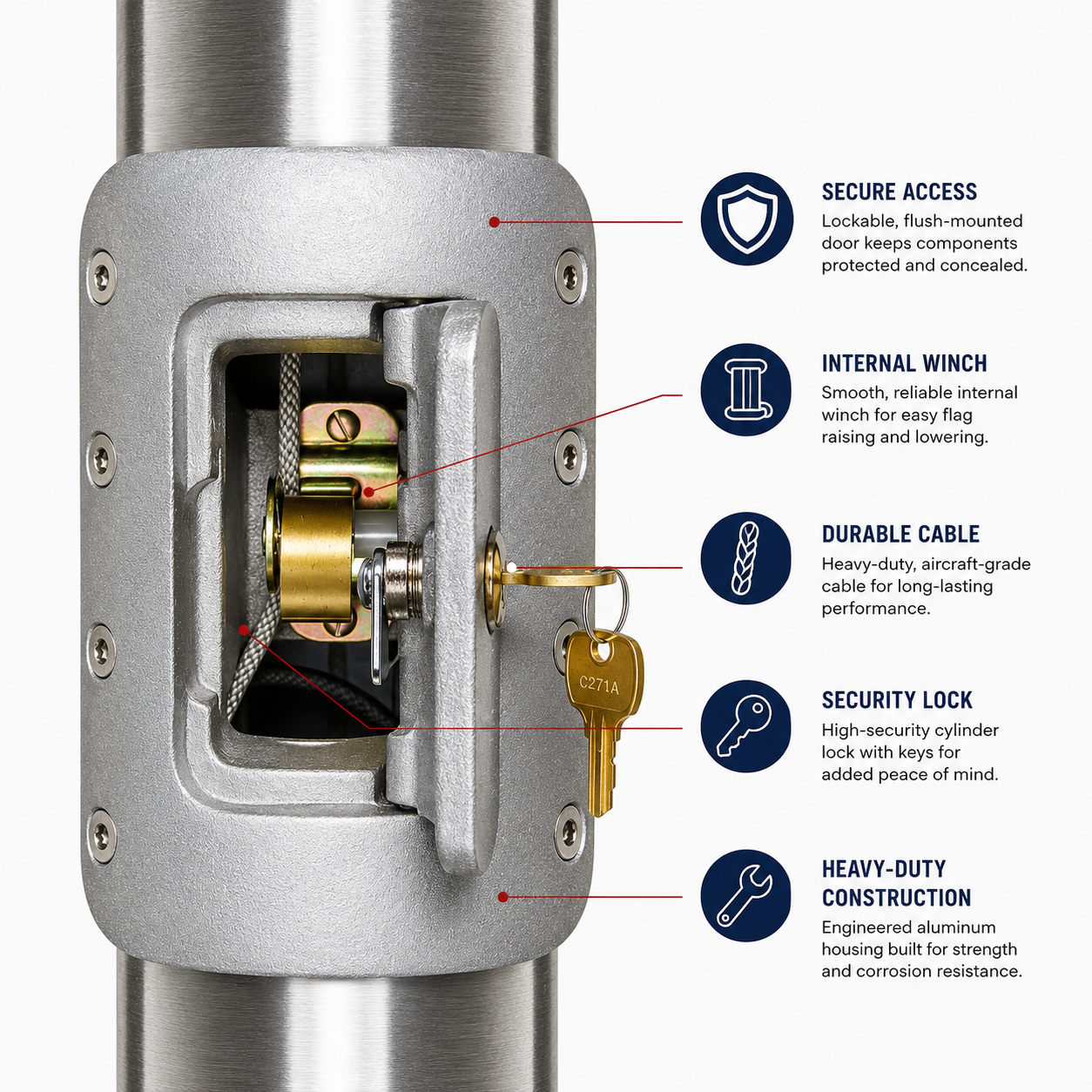 Atlantic Flag & Pole Vanguard internal halyard system — cam cleat internal rope system