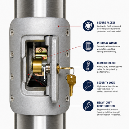 Atlantic Flag & Pole Vanguard internal halyard system — cam cleat internal rope system