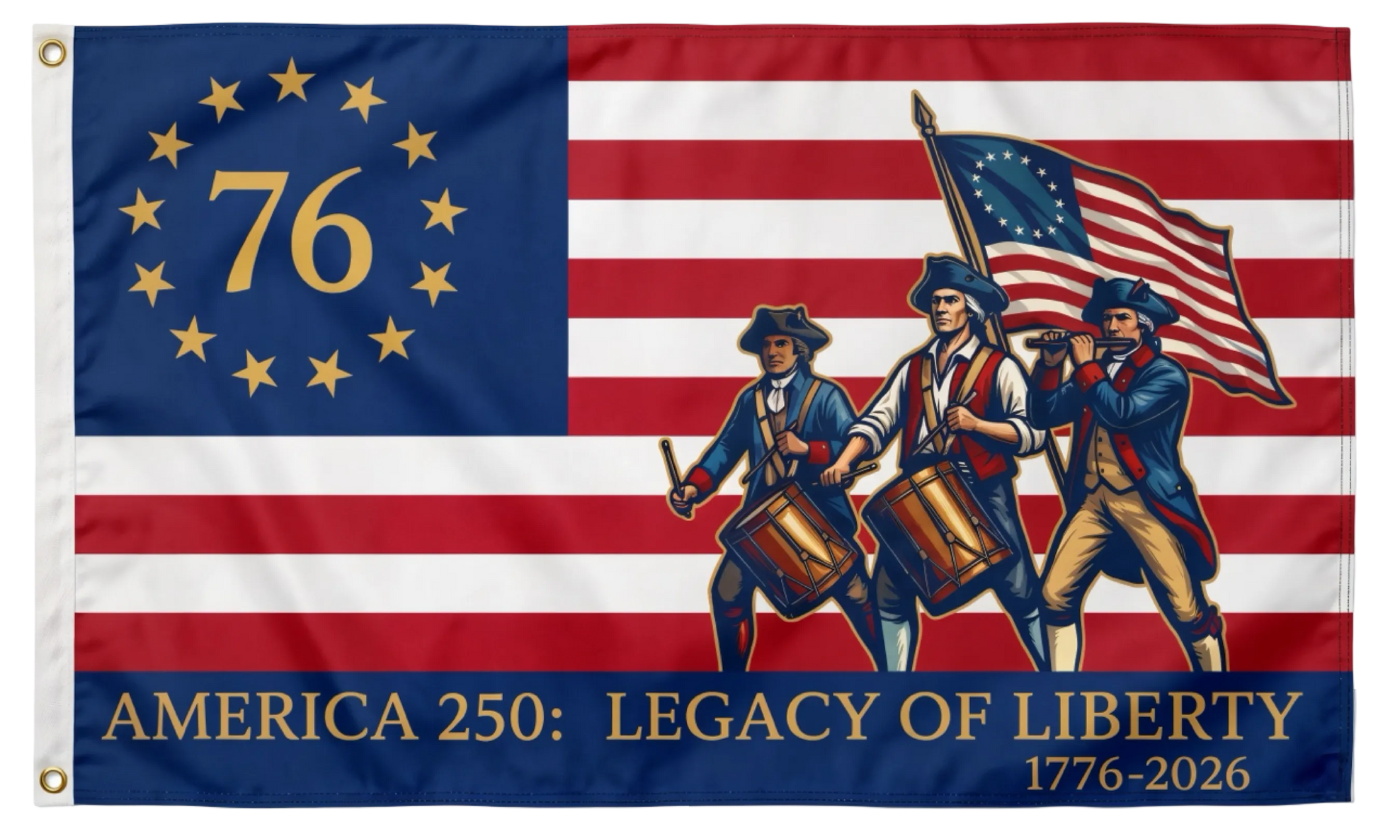 Flag with historical design featuring numbers '76' and '250', and text 'America 250: Legacy of Liberty'.