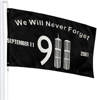 Black 3FT x 5FT commemorative flag with "We Will Never Forget" and September 11th graphic by Atlantic Flagpole.