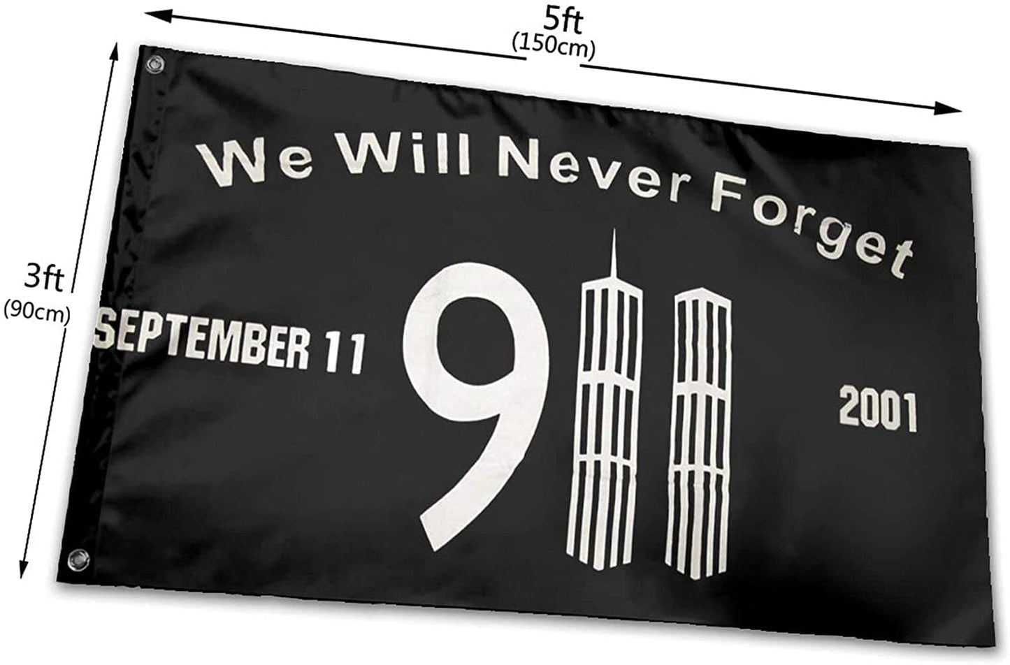 Black commemorative flag featuring "We Will Never Forget" and Twin Towers, 3FT x 5FT, by Atlantic Flagpole.