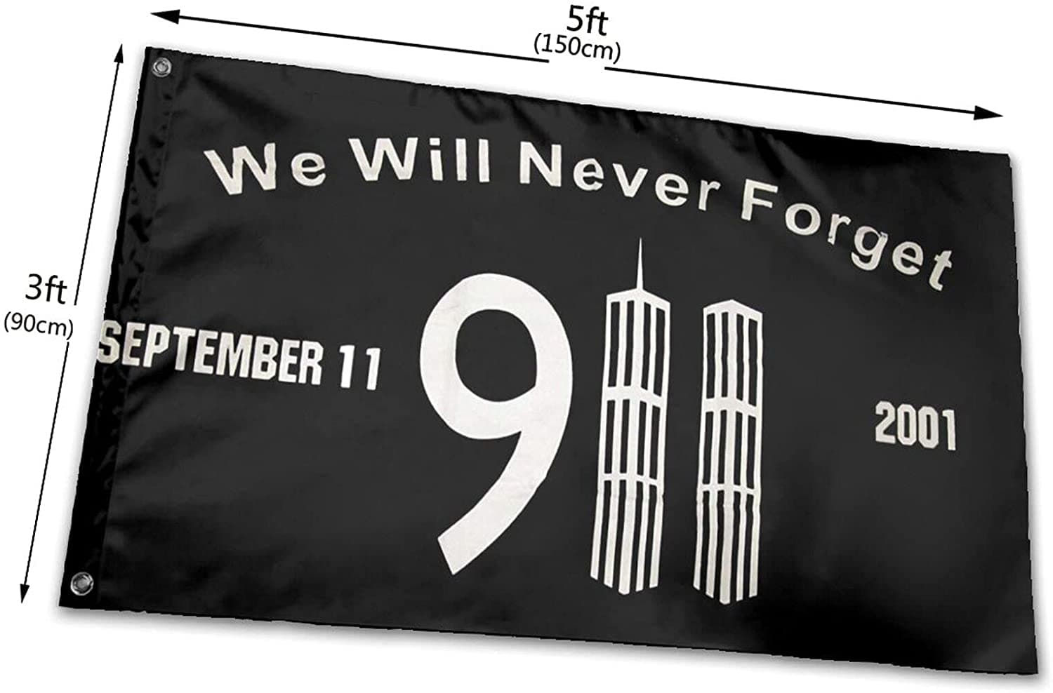 Black commemorative flag featuring "We Will Never Forget" and Twin Towers, 3FT x 5FT, by Atlantic Flagpole.