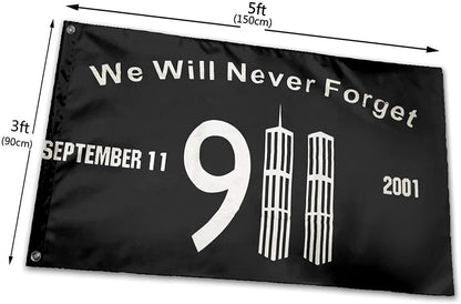 Black commemorative flag featuring "We Will Never Forget" and Twin Towers, 3FT x 5FT, by Atlantic Flagpole.