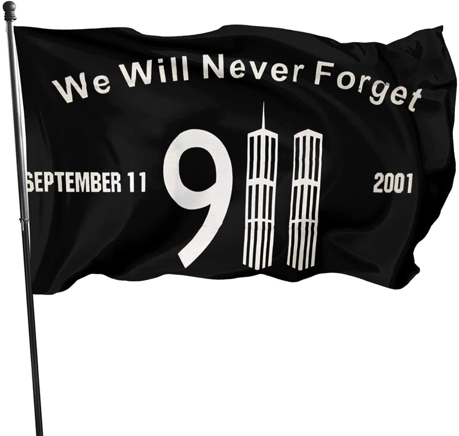 Black commemorative flag featuring "We Will Never Forget 9/11" and twin towers, 3FT x 5FT by Atlantic Flagpole.