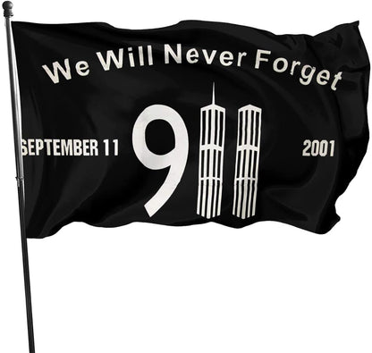 Black commemorative flag featuring "We Will Never Forget 9/11" and twin towers, 3FT x 5FT by Atlantic Flagpole.