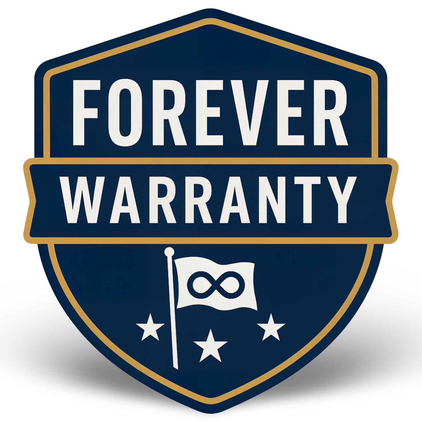 Navy blue shield badge featuring "Forever Warranty" text and an infinity symbol with a flag and stars.