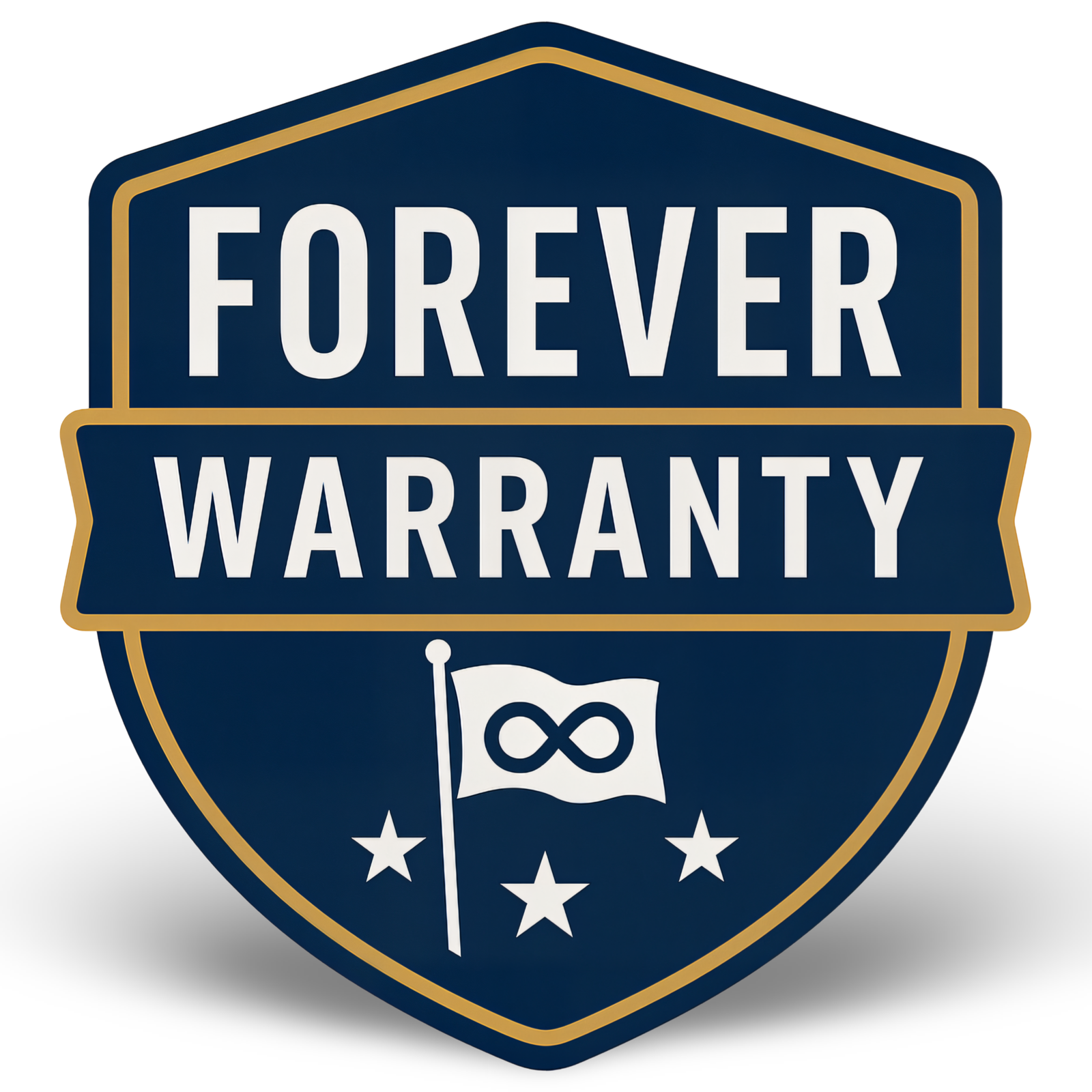 Navy blue shield badge featuring "Forever Warranty" text and an infinity symbol with a flag and stars.