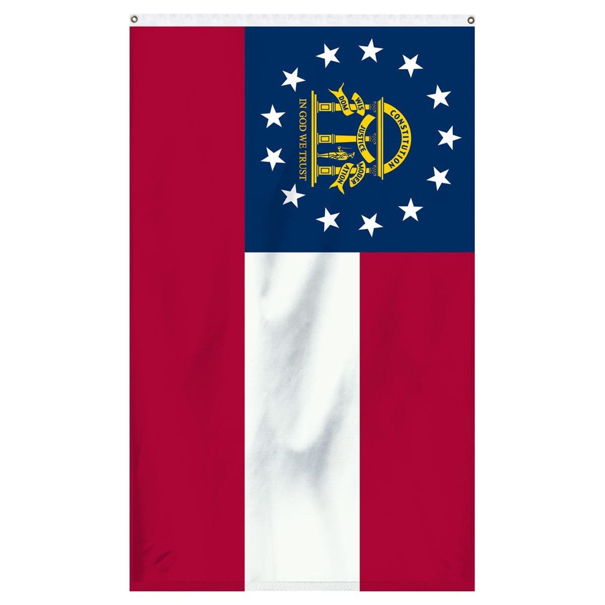Durable nylon 3x5 Georgia state flag with brass grommets, made in America by Atlantic Flag & Pole Inc.