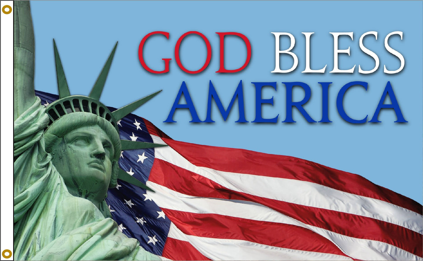 Statue of Liberty with American flag and 'God Bless America' text on a blue background
