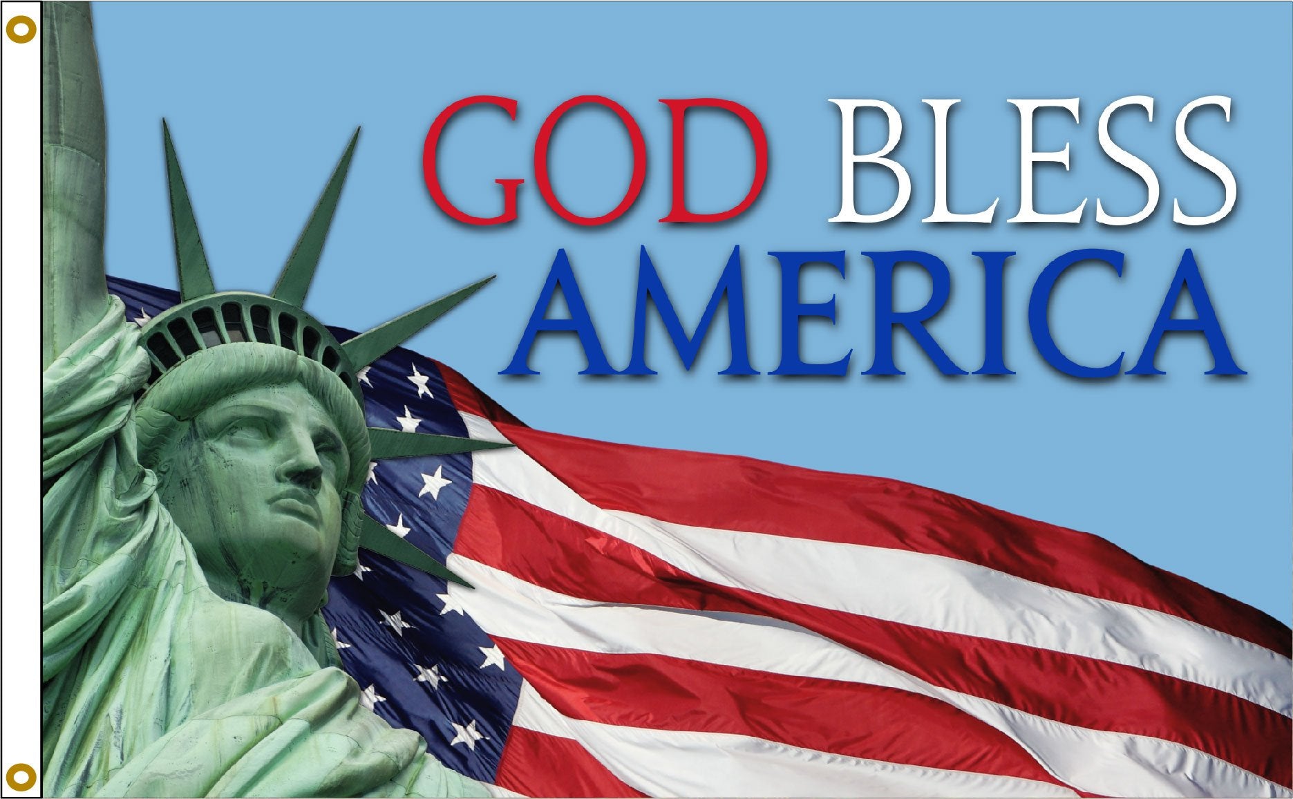 Statue of Liberty with American flag and 'God Bless America' text on a blue background