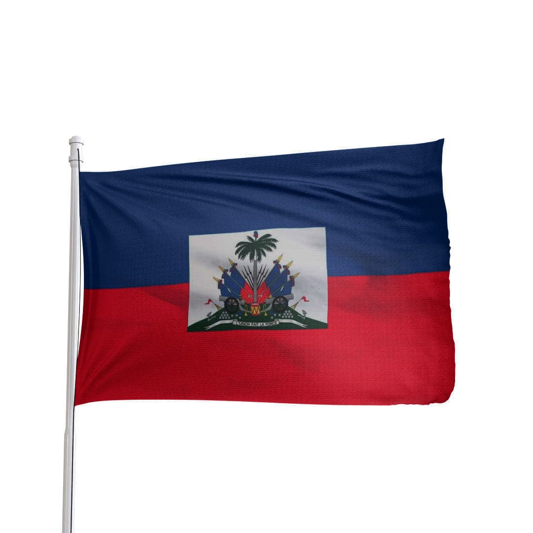 Vibrant Haiti flag with blue and red colors, featuring the national coat of arms, by Atlantic Flag & Pole Inc.