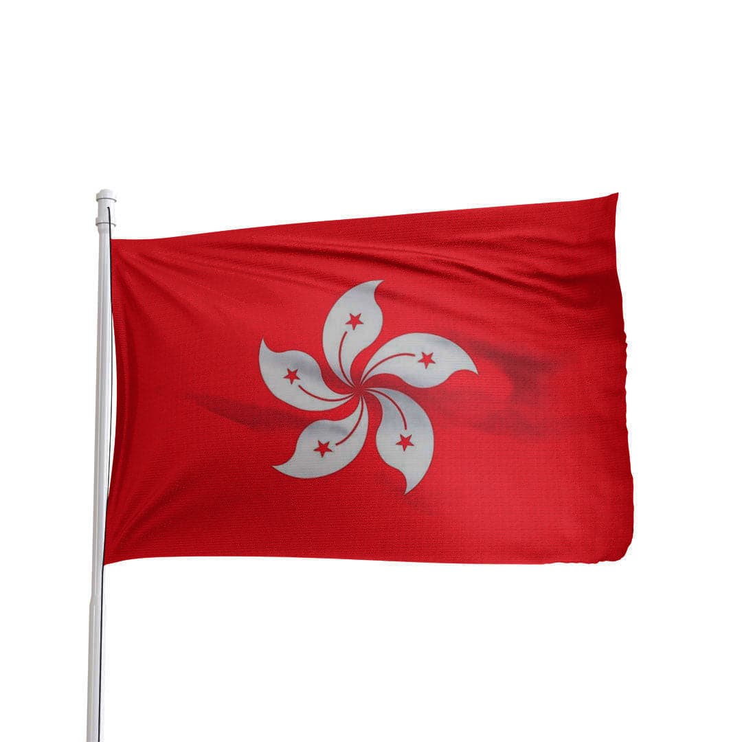Red Hong Kong flag featuring a white bauhinia flower design, by Atlantic Flagpole.