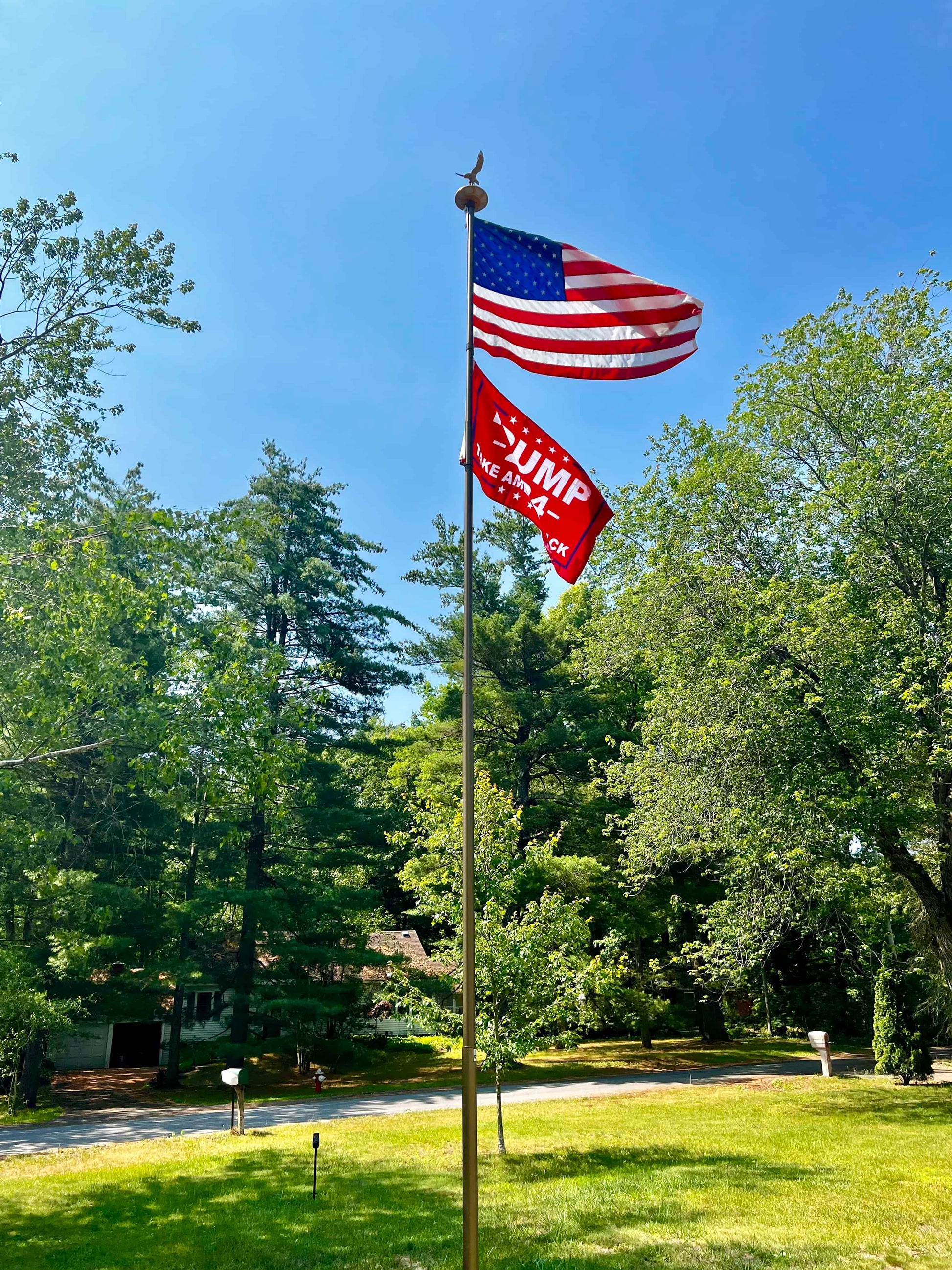 20-foot gold flagpole with American flag and red promotional banner, by Atlantic Flagpole, set in a green landscape.