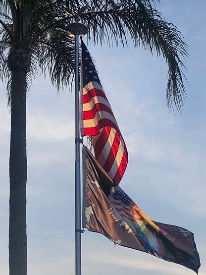 American flag featuring a majestic eagle design, made by Atlantic Flag & Pole Inc., showcasing patriotic colors.