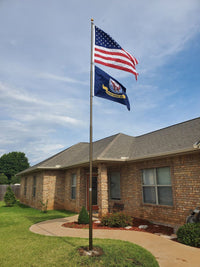 Thumbnail for Gold telescoping flagpole kit with USA and state flags, showcasing 15-foot height, ideal for residential display.