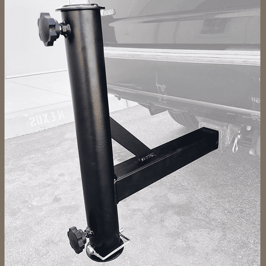 Black powdercoated Phoenix Outrigger Hitch Mount for flagpole from Atlantic Flag & Pole Inc.