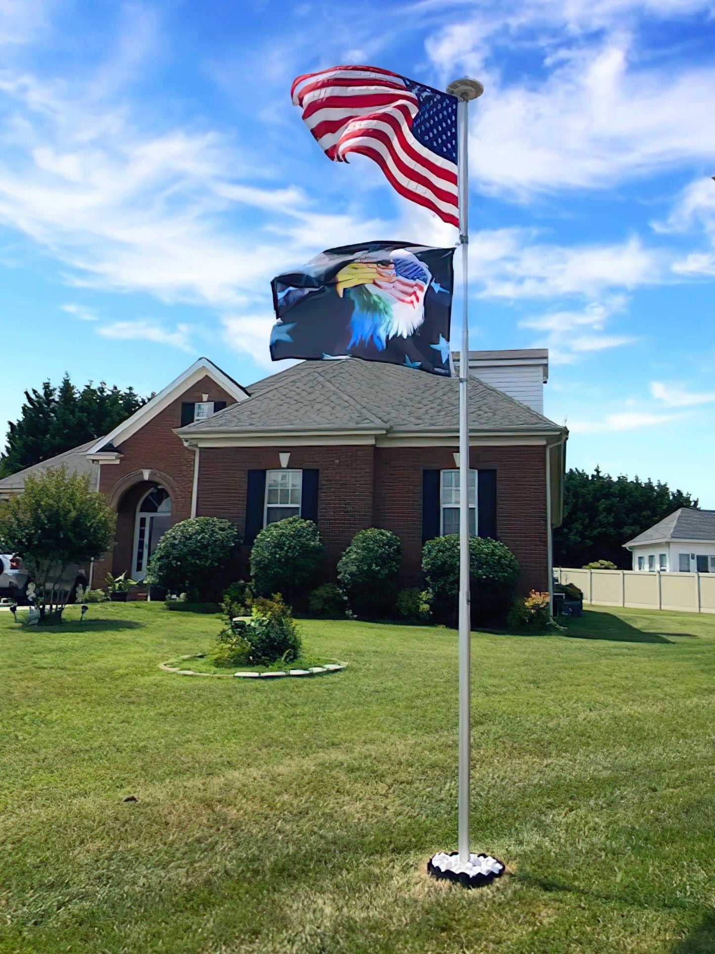 Patriotic eagle flag in vibrant colors by Atlantic Flag & Pole Inc., showcasing American pride.
