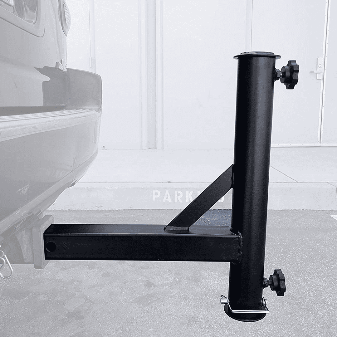 Black powdercoated Phoenix Outrigger Hitch Mount for flagpole by Atlantic Flag & Pole Inc.