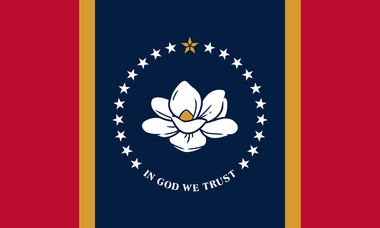 Mississippi state flag with vibrant colors, durable fabric, made in USA by Atlantic Flagpole.