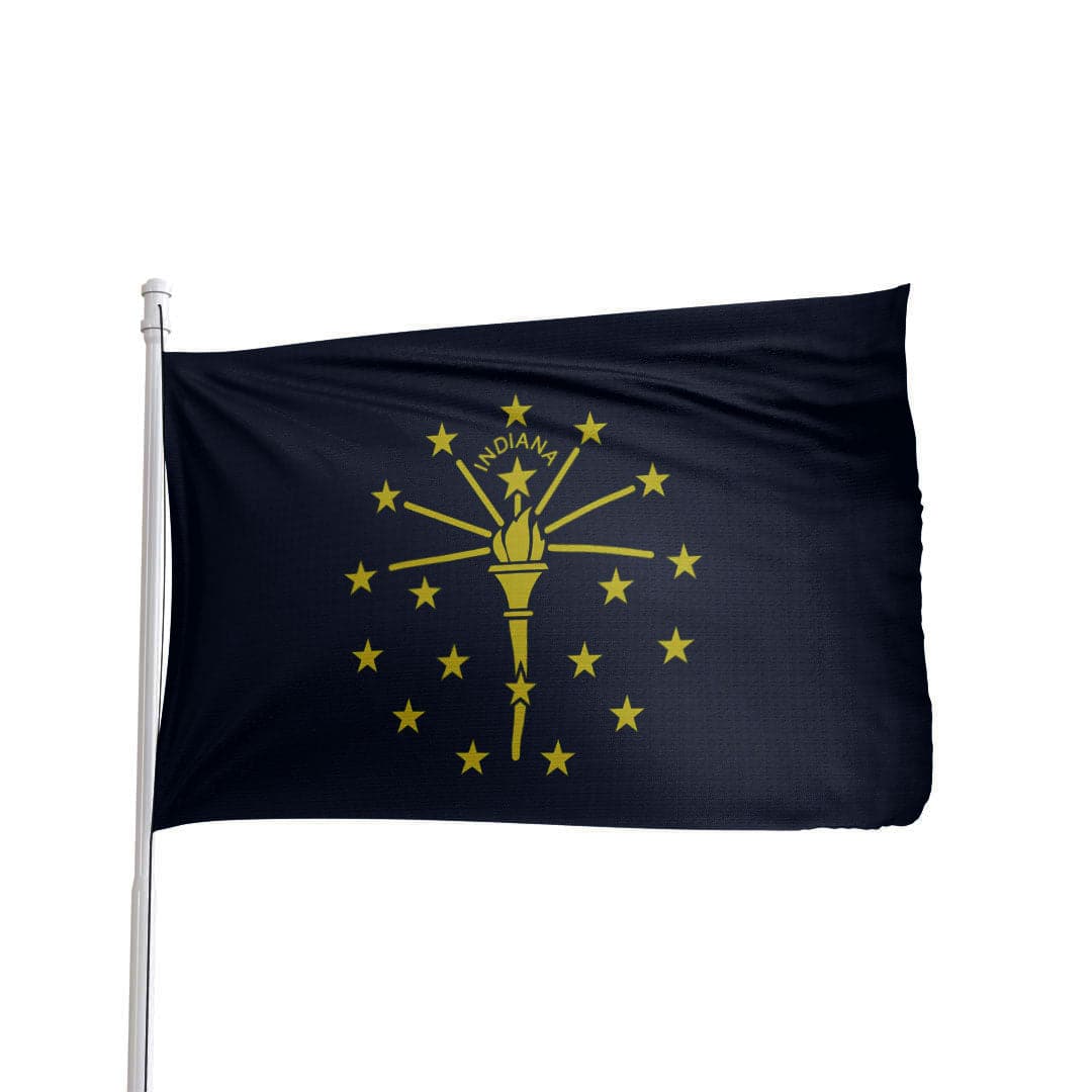 Indiana state flag in blue and gold, made in the USA by Atlantic Flag & Pole Inc.