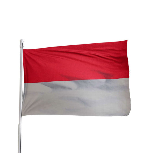 Red and white Indonesia flag by Atlantic Flag & Pole Inc., made of durable fabric for outdoor use.