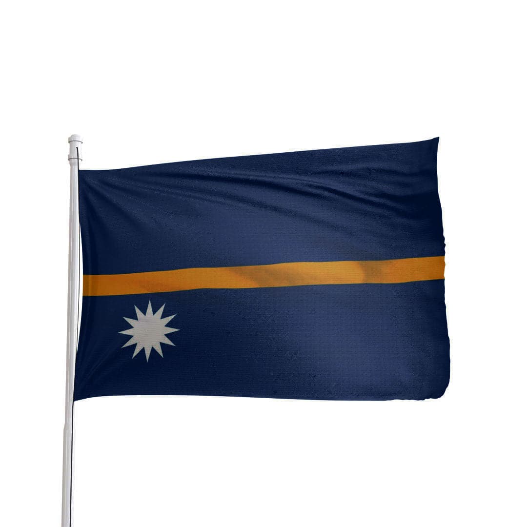 Nauru flag with blue background, featuring a white star and yellow stripe, by Atlantic Flag & Pole Inc.