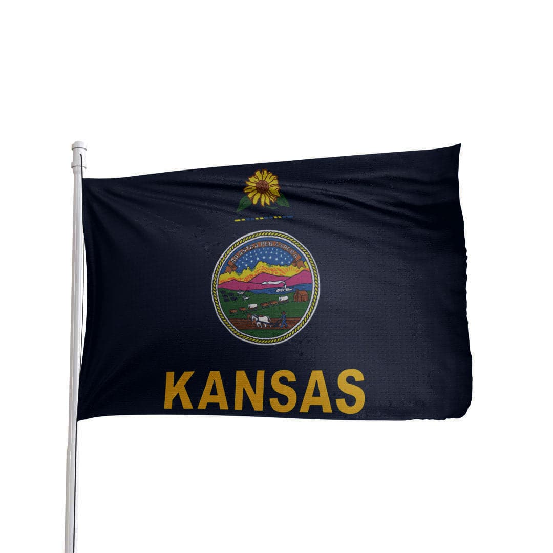 Kansas State Flag by Atlantic Flag & Pole Inc. in vibrant colors, featuring state seal and blue background.
