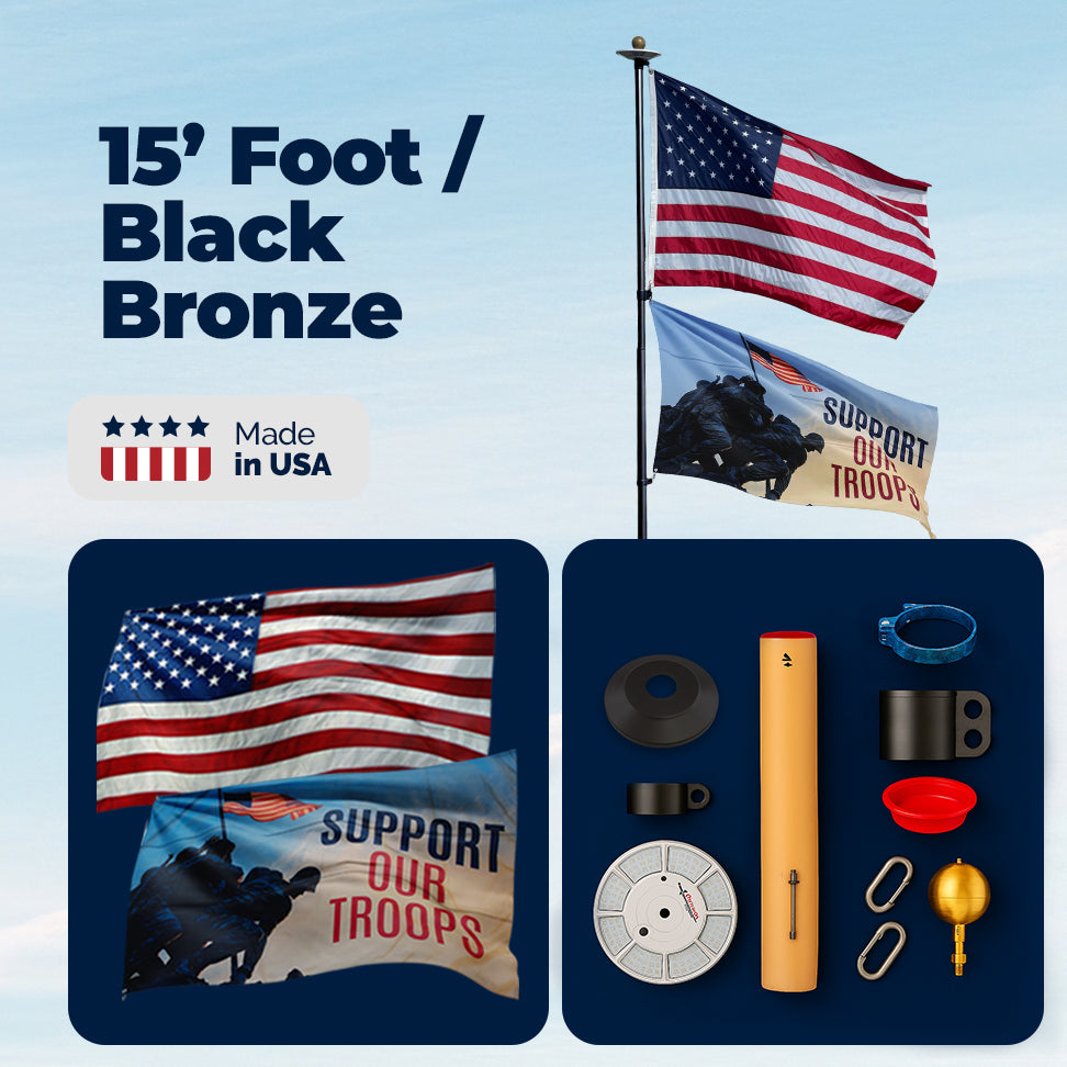 Atlantic Flag & Pole telescoping flagpole package in black bronze and silver, 15ft and 20ft options available.