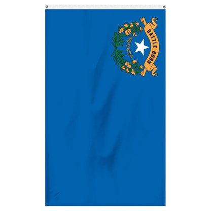 Blue Nevada State Flag with gold and silver state emblem, made by Atlantic Flag & Pole Inc.